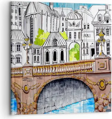 Produktbild von Bild auf Leinwand - Leinwandbild - Frankreich brücke zeichnung - 70x70cm - Wand Bild - Wanddeko - Leinwanddruck - Bilder - Kunstdruck - Wanddekoration - Leinwand bilder - Wandkunst - AC70x70-2826