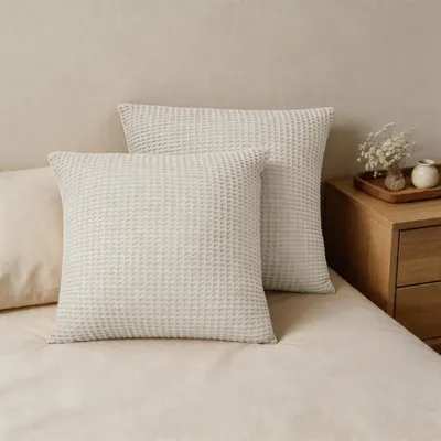 Produktbild von Kissenbezug 40x40 cm 2er Set Baumwolle Waffelmuster Beige mit Reißverschluss