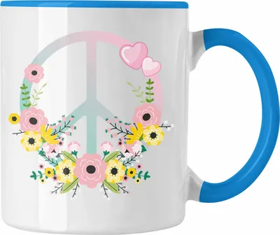 Produktbild von Trendation - Peace Zeichen Tasse Geschenk Hippies Frieden Stop Geschenkidee Blumen Grafik (Blau)