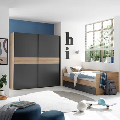 Produktbild von Jugendzimmer Set 2-teilig in Eiche mit graphit, Bett & Kleiderschrank - LESINA-78