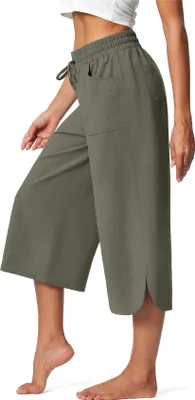 Produktbild von ASKSA Damen 3/4 Hose Caprihose Weite Bein Sommerhose Jogginghose Bequeme Palazzo Elegante Freizeithosen Lose Yoga Sweathose mit Taschen (Armeegruen,XL)