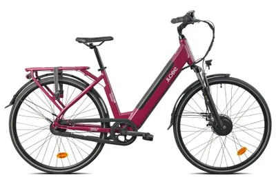 A studio shot of a purple electric bicycle against a white background.