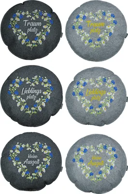 Produktbild von Gilde Kissen, rund, Blumendesign, Schriftzug, Filz, grau, B. 40 cm, H. 40 cm 45508 4009079455083 6 Stück (6-fach sortiert)