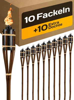 Produktbild von 10 Gartenfackeln für Draußen aus Bambus Braun - Lange Brenndauer - Nachfüllbar - Ink. 10 extra Dochten - 90cm