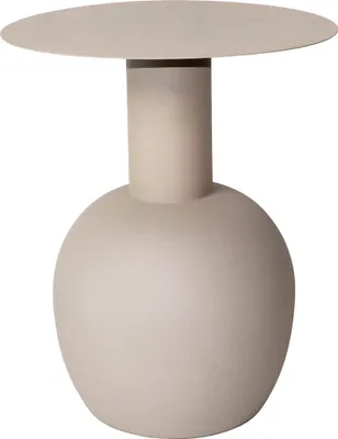 A beige metal side table with a round top and a bulbous base.