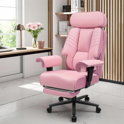 A pink office chair is shown in a well-lit room with a desk and window in the background.