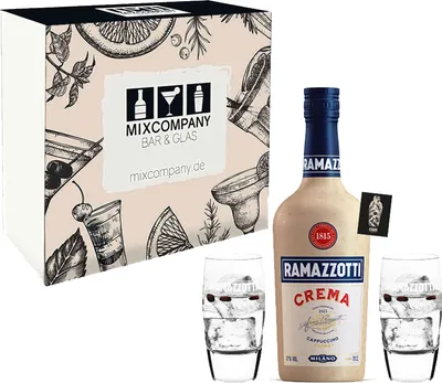Produktbild von Ramazzotti x Mixcompany Geschenkset Ramazzotti Crema 1815 Cappuccino Creme 0,7L (17% vol) Cappuccino Likör aus Italien Milano inkl. Ramazzotti Crema 1815 Glas bauchig Gläserset - 2er Set Gläser 2/4cl geeicht - [Enthä