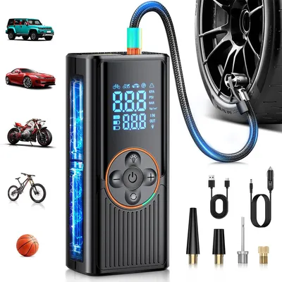 Produktbild von Kabelloser Elektrische Luftpumpe, 8000mAh, 150PSI Tragbarer Akku-Kompressor, Elektrische Fahrradpumpe mit Digitalanzeige und LED-Licht mit 4 Düsen