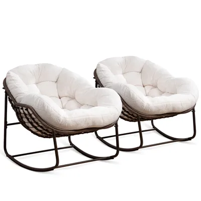 Produktbild von LVHOM Schaukelsessel Garten mit Kissen, 2 Stk. Rattanstühle mit Stahlrahmen, Schaukelstuhl Lounge-Schaukelsessel, Sessel für Balkon, Weiß