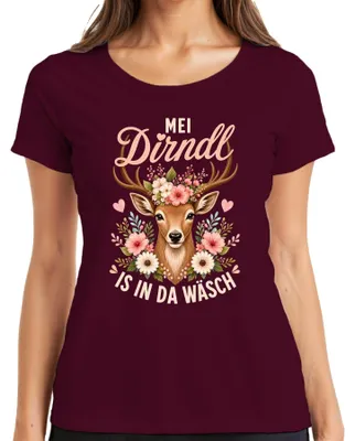 Produktbild von Mei Dirndl is in da Wäsch Reh Kitz Blumen Tracht Lederhose Alpen Damen T-Shirt, Burgundy, L