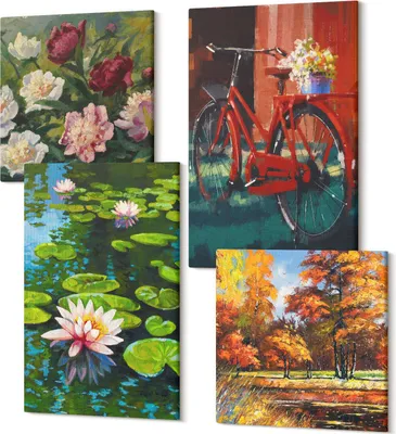 Produktbild von Leinwandbilder Mehrteilig 4-teilig – Modernes Design – Hochwertiger Polycanvas Kunstdruck – Wanddekoration & Wandkunst – Bilder für Zuhause – 2x 40x40 cm + 2x 40x60 cm – Lilien auf dem Wasser, Fahrrad im Garten, bunte Blumen