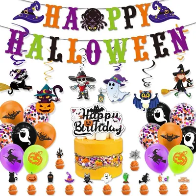Halloween-Dekoset mit Banner, Spiralen & Tortenaufsätzen, 19-teilig