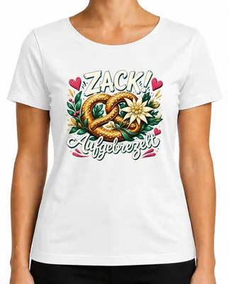 Imagen del producto de Zack Aufgebrezelt: Brezel, Edelweiss. Camiseta tradicional, pantalones de cuero, vestido tradicional. Camiseta para mujer, color blanco, talla S
