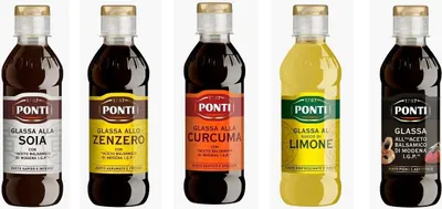 Produktbild von Testpaket Ponti Glassa Gastronomische Glasuren Würzsaucen 5 Stück Ingwer Glasur - Soja Glasur - Glasur mit Zitronensaft - Glasur mit Kurkuma - Balsamico Essig glasieren