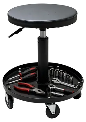 Productafbeelding van Relaxdays Werkplaatskruk, met wielen, in hoogte verstelbaar, montagekruk, met opbergruimte, 5 wielen, hoogte x diameter: 42-56 x 38 cm, metaal, zwart, AI-gegenereerde afbeelding