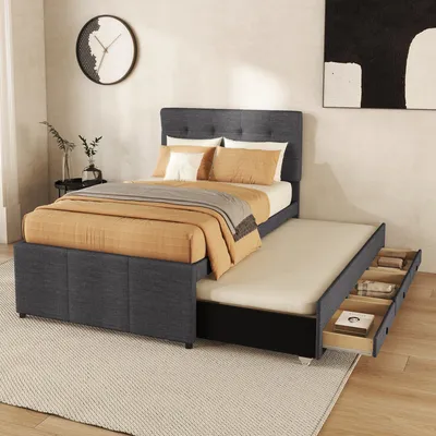 Produktbild von Flieks Polsterbett 90x200cm Einzelbettt mit ausziehbarem Unterbett, Massivholzbett mit Lattenrost und 3 Schubladen, Stauraumbett Gästebett Tagesbett, Grau