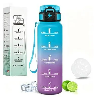 Produktbild von Trinkflasche 1l Motswedi, auslaufsicher, mit Zeitmarkierung, Blau-Violett,