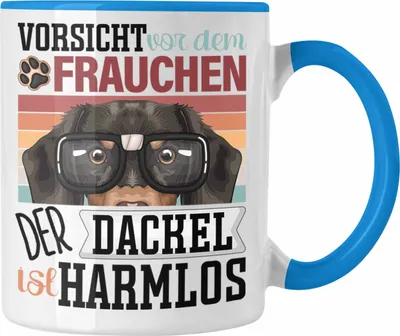 Produktbild von Trendation - Dackel Besitzerin Frauchen Tasse Geschenk Lustiger Spruch Geschenkidee Vorsicht Vor Dem Frauchen (Blau)