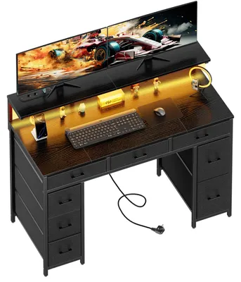 Produktbild von Computertisch - Gaming Schreibtisch - 120 cm - 8 Schubladen - Verstellbare Monitorablage - LED Beleuchtung - USB Steckdosen - Schwarz