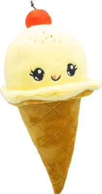 A plush toy ice cream cone with a cherry on top, presented against a white background.