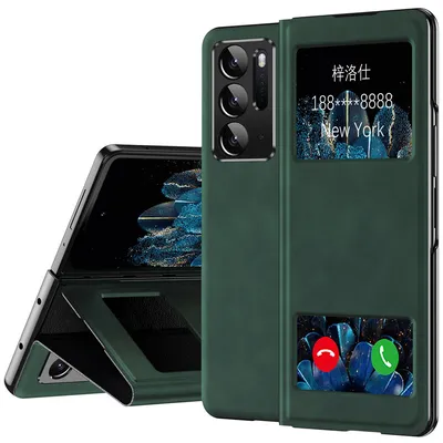 Immagine prodotto di Custodia sottile in pelle flip per Oppo Find N, con finestra di visualizzazione e funzione stand verde