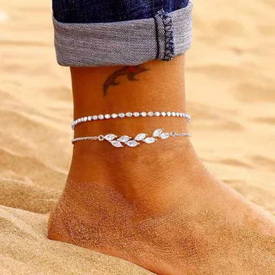 Image de Bracelet de cheville boho pour femme en argent - Bracelet de cheville d'été à double couche avec un noble design de feuilles, parfait pour la plage et les vacances, J0675