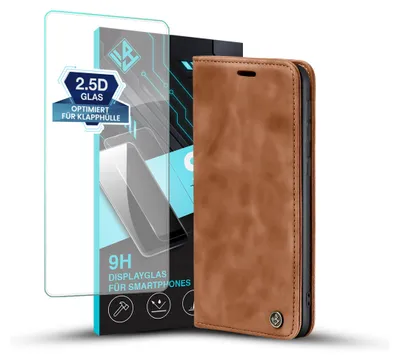 Produktbild von Handy Hülle für Samsung Galaxy A16 / A16 5G mit 9H Displayglas Klapphülle Bookcase Flip Cover Handy Tasche Etui Farbe: Hellbraun