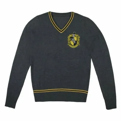 A grey v-neck sweater with yellow and black trim on the collar and hem, and a Hufflepuff crest on the left chest.