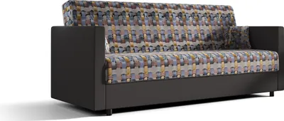 A sofa with a patterned fabric on a white background.