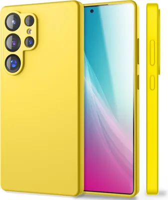 A yellow phone case is shown from multiple angles, with a phone screen visible inside one of the angles.