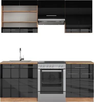 Produktbild von Küchenzeile Vicco Fame-Line Anthrazit Hochglanz/Goldkraft Eiche 200 cm ohne Arbeitsplatte, Model 38679