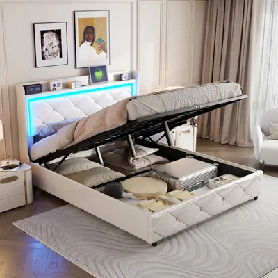 Obrázek produktu pro Čalouněná postel Fortuna Lai 140x200 cm s USB, postel pro mladé s úložným prostorem a LED diodou, hydraulická skříňová pružina, Imitace kůže, bílá