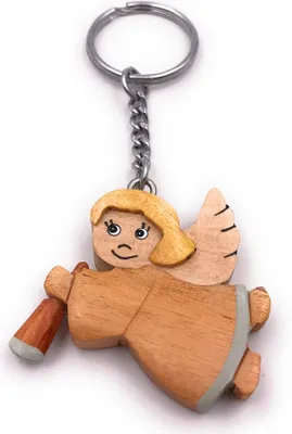Produktbild von Onwomania Handmade Holz Schlüsselanhänger Engel Himmelsbote mit Trompete Musik