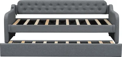 Produktbild von Flieks Schlafsofa 90x200cm mit USB, Polsterbett mit Ausziehbett, Tagesbett Gästebett mit Lattenrost, Einzelbett Holzbett, Leinen, Grau