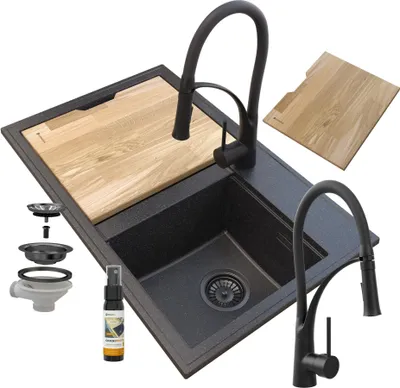 Immagine prodotto di Granitan | Lavello in granito HEKTOR - Maculato nero - Doppia camera - Design moderno - Granito di alta qualità