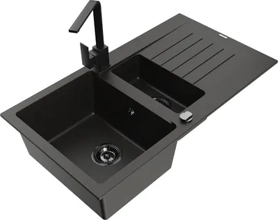 Produktbild von Mexen Matias 1,5-Becken-Granitspüle mit Abtropffläche und Mischbatterie Rita, Schwarz/Gold - 6502-75-670300-50-B