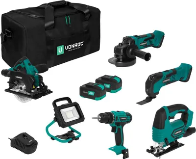 Produktbild von Vonroc Werkzeugsatz/Maschinen-set 20V – Werkzeugtasche inkl.: Schlagbohrschrauber, Stichsäge, Multiwerkzeug, Winkelschliefer, Kreissäge, Arbeitsleuchte 2x 4.0Ah Akku und Schnellladegerät
