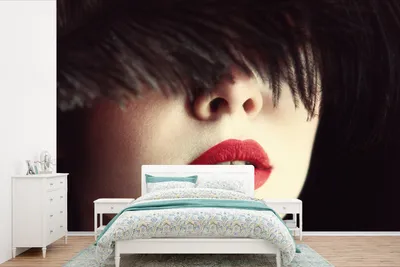 Produktbild von MuchoWow® Fototapete für Wohnzimmer oder Schlafzimmer Wandtapete Vinyl Motivtapete Frau - Lippen - Rot - Porträt - 600x400 cm - Vinyltapeten