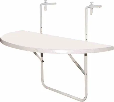 A white balcony hanging table with silver metal legs and supports, shown against a white background.