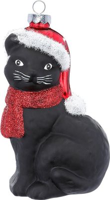 Christbaumschmuck Glas Katze mit Weihnachtsmütze 10cm schwarz / rot