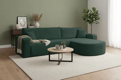 Produktbild von VENASI TOKIO Ecksofa mit Schlaffunktion und Bettkasten aus Cord – Schlafsofa Eckcouch Sofa Grün