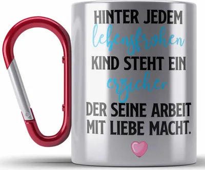 Produktbild von Trendation - Erzieher Edelstahl Tasse Karabiner Geschenk Abschiedsgeschenk zum Abschied Lustig Geschenke Karabiner Edelstahl Tasse Karabiner Edelstahl Kindergarten Erzieher Mit Herz (Rot)