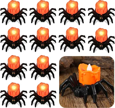 A collection of 12 spider-shaped LED candles arranged in rows on a white background, with one candle shown in detail in the lower right corner on a wooden surface.