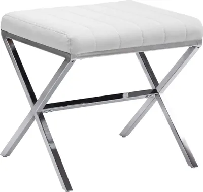 A white upholstered stool with a silver metal X-shaped base.