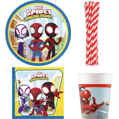 Produktbild von Partyset Spidey & seine Freunde Geburtstag Deko Spiderman Kinergeburtstag Teller Becher Servietten Party Geschirr