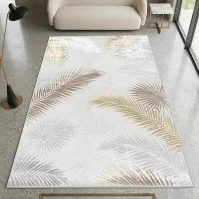 Produktbild von Moderner Creme Teppich mit Palmblattmuster und Glanzoptik Größe - 140 x 200 cm