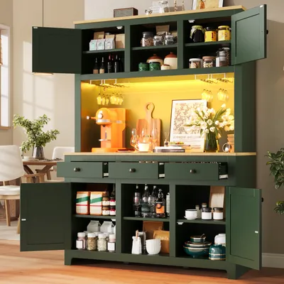 Produktbild von Clinvia LED Hochschrank mit Lichtsystem, PE Rattan Schrank mit Kippsicherung, Großer Standschrank mit verstellbaren Böden & Schubladen, Vintage Stauraumschrank für Küche, Wohnzimmer, Esszimmer