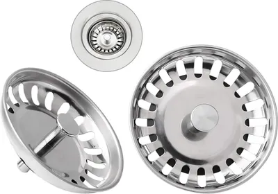 Three views of a stainless steel sink strainer basket.