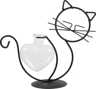 Produktbild von Unyqoos® Hydrokultur-Glasvase – transparente Herz-Vase mit Eisen-Katzenständer, Tischvase für Wasser- & Luftpflanzen, Trockenblumen, Deko für Zuhause & Büro, ohne Pflanzen