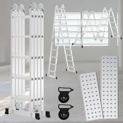 Immagine prodotto di Scala multiuso Vigevee 7in1, con 4x5 gradini in alluminio, altezza circa 580 cm / 5,8 m, scala articolata multifunzione con 2 piattaforme e 2 ruote, portata massima 150 kg